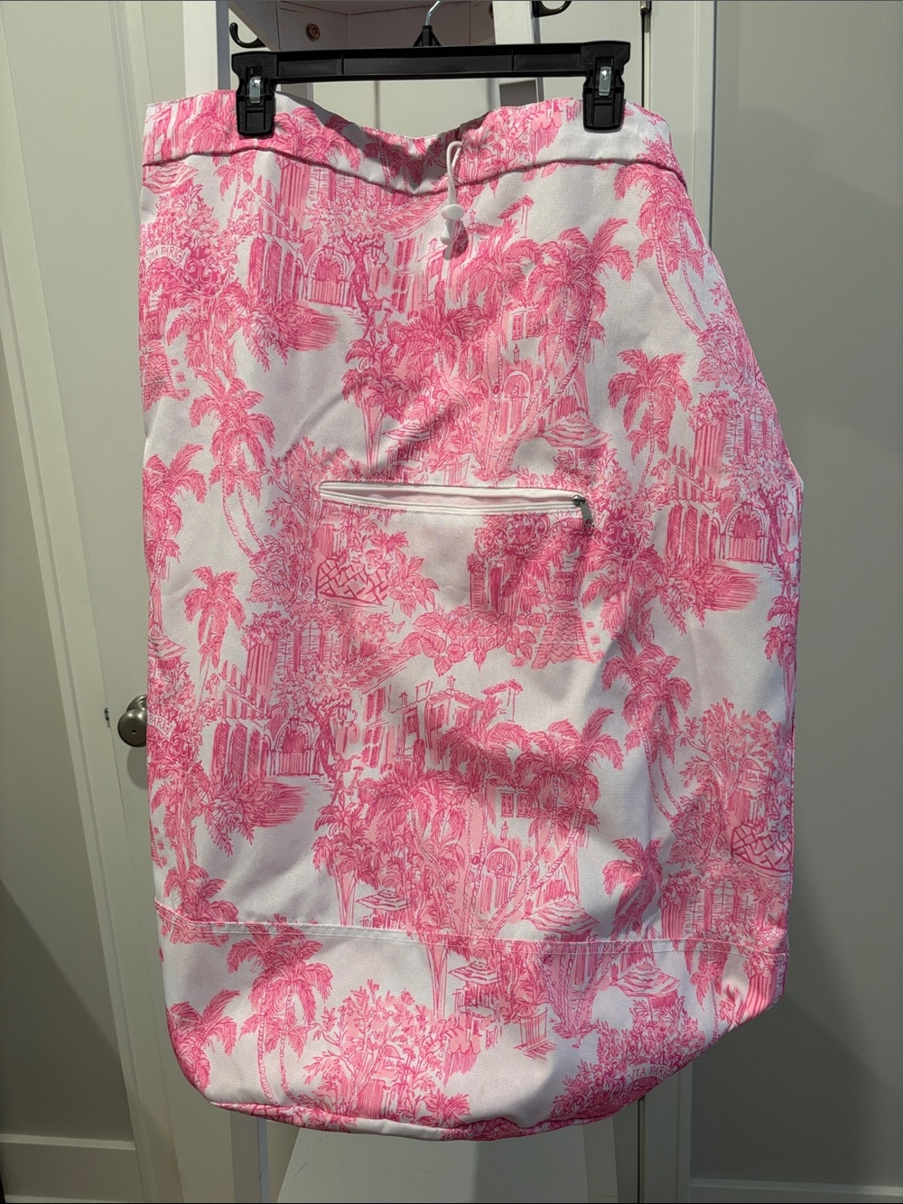 Pink Toile Drawstring Laundry Bag with Front Zip Pocket